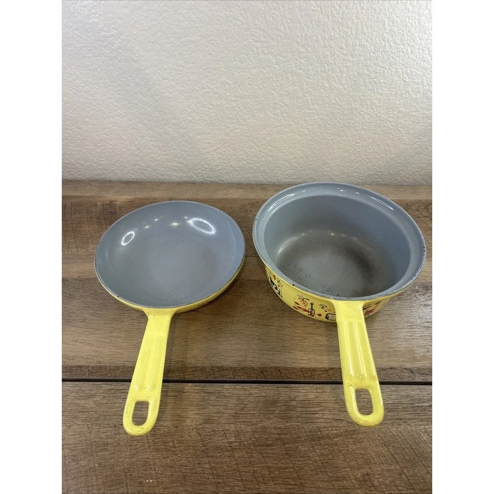 Descoware Yellow Enamel Cast Iron Saucepan Skillet Set Made in Belgium Vintage